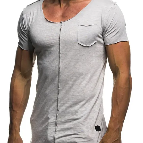 Damen Casual Slim Fit Modal T-Shirt Kurzarm Rundhals Patchwork Offene Kanten Top mit Brusttasche
