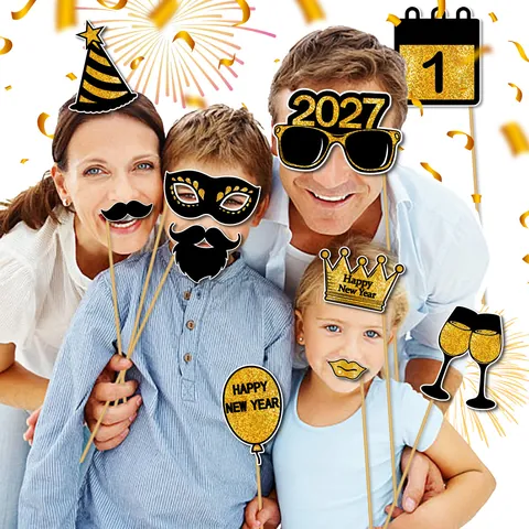 2027 Happy New Year Accesorios de Fotomatón para Fiestas Negro Oro Brillo Cartón de Mano Gafas Coronas Bigotes Con Palos de Madera