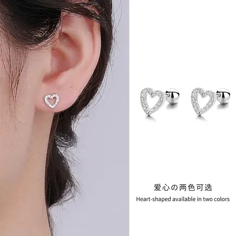 Boucles d'Oreilles Clous Cœur Ajouré en Argent Sterling 925 Avec Zircone Fermoir à Vis Minimaliste pour Bijoux Femme Cadeau