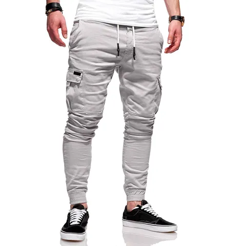 Men's Cargo Joggers Solid Color Drawstring Elastic Waist Multi-Pocket Sweatpants Slim Fit Casual Ribbed Cuffs Sports Trousers