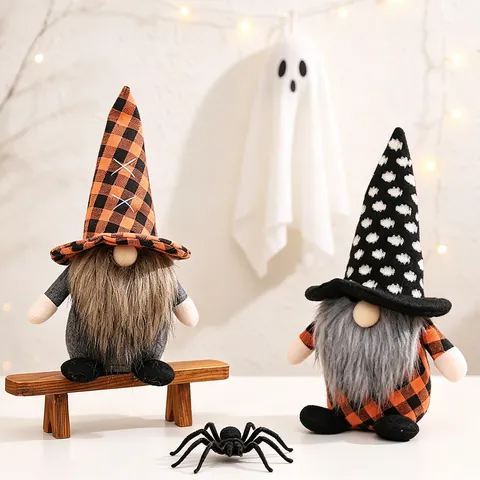 Decoraciones de Peluche Gnomos de Halloween Muñeco Enano Sin Rostro Con Sombrero de Cuadros Barba Larga Para Mesa Fiesta