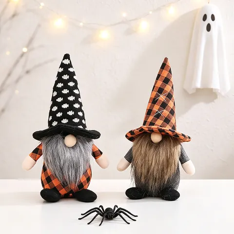 Decoraciones de Peluche Gnomos de Halloween Muñeco Enano Sin Rostro Con Sombrero de Cuadros Barba Larga Para Mesa Fiesta