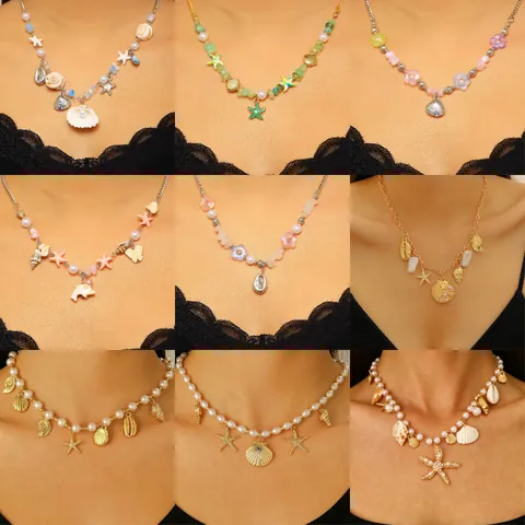 Ocean Theme Imitation Artificial Pearl Necklace With Alloy Shell Starfish Conch Pendants Bohemian Beach Vacation Jewelry For Women