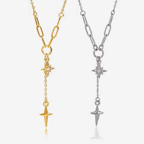 Collana Con Ciondolo Stella E Croce Acciaio Inossidabile Placcato Oro 18K Con Zircone Catena A Y Stratificata Per Donna Elegante