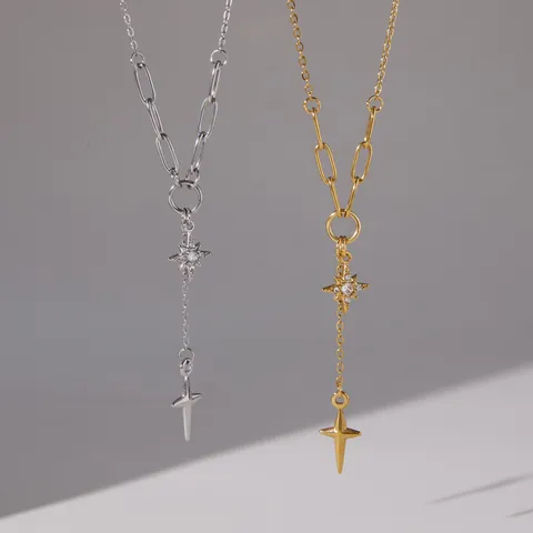 Collana Con Ciondolo A Stella A Quattro Punte E Croce In Acciaio Inossidabile Placcato Oro Gioielli Minimalisti Per Donna