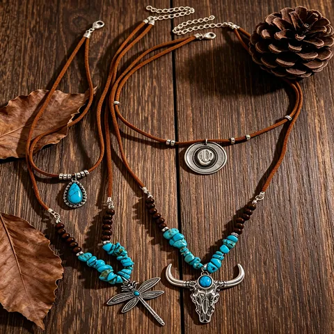 Vintage Western Cowboy Bull Skull Pendant Necklace Bohemian Ethnic Style Alloy Dragonfly Artificial Turquoise Layered Cord Necklace For Women