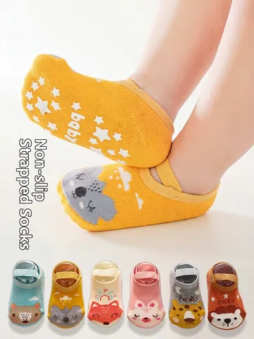 Baby Bodensocken Rutschfest Kleinkinder Grip Socken Mit Elastischem Riemen Gekämmte Baumwolle Cartoon Tiermuster Atmungsaktiv