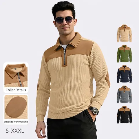 Men Half Zip Sweatshirt Stand Collar Ribbed Knit Pullover Color Block Suede Patchwork Long Sleeve Casual Top