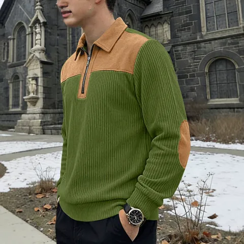 Men Half Zip Sweatshirt Stand Collar Ribbed Knit Pullover Color Block Suede Patchwork Long Sleeve Casual Top