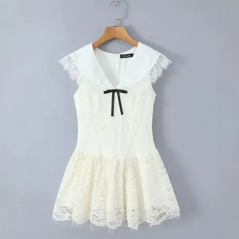 White Lace Mini Dress French Sweet Mesh V-Neck Bow Knot Short Sleeve Lolita Style Elegant For Women