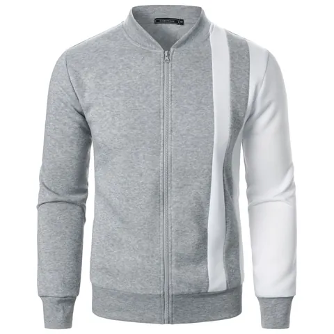 Men Casual Stand Collar Zip Sweatshirt Stylish Contrast Color Block Long Sleeve Jacket Slim Fit Polyester Leisure Sport Top