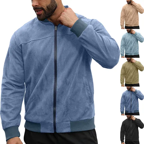 Men Suede Bomber Jacket Full Zip Stand Collar Ribbed Trim Casual Solid Color Outerwear Fashion Coat