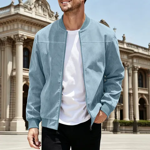 Men Casual Suede Jacket Bomber Style Zipper Stand Collar Long Sleeve Ribbed Cuffs Solid Color Outerwear