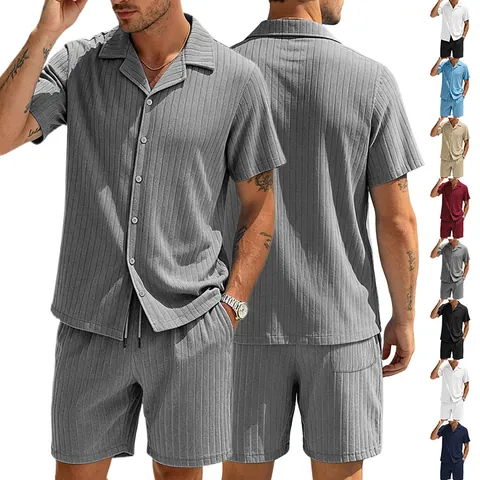 Tenues Décontractées Été Homme Chemise Manches Courtes Et Short Cordon Tricot Texturé Rayures Vacances Plage