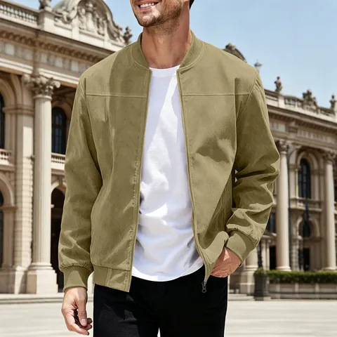 Heren Bomberjack Vintage Suède Rits Opstaande Kraag Casual Slim Fit Lange Mouwen Geribbelde Bovenkleding Jas
