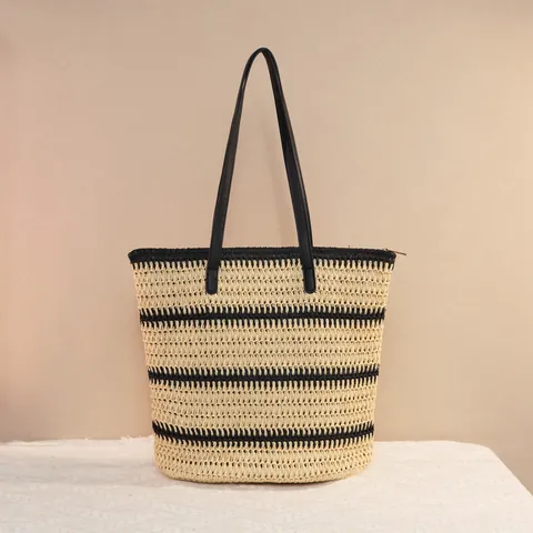 Borsa Tote In Corda Di Carta Intrecciata A Righe Grande Capacità Estate Spiaggia Borsa A Spalla Donne Chiusura Lampo Stile Paglia