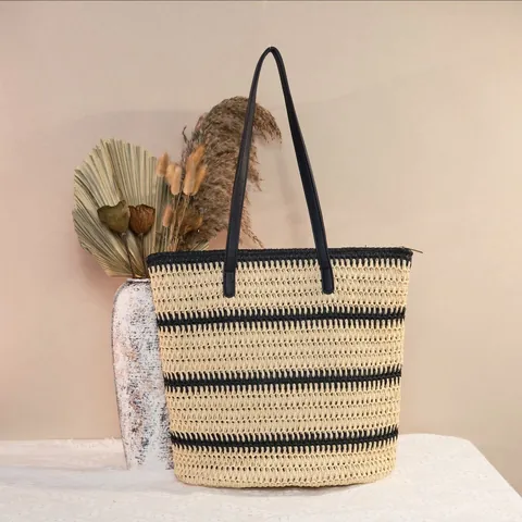 Borsa Tote In Corda Di Carta Intrecciata A Righe Grande Capacità Estate Spiaggia Borsa A Spalla Donne Chiusura Lampo Stile Paglia
