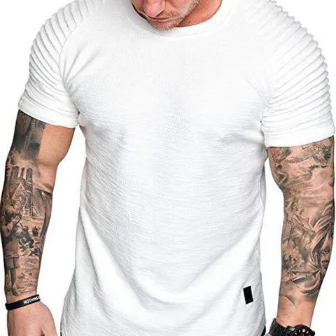 Herren Slim Fit Kurzarm T-Shirt Sportlich Rundhals Gerippte Schulter Top Fake-Lagen Gebogener Saum Strukturiertes Polyester Tee