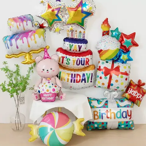 Large Birthday Cake Aluminum Foil Balloon Colorful Cartoon Bear Shape Party Decorations Celebration Photo Props Kids