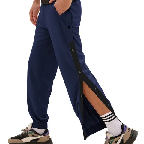 Men's Snap Button Sports Pants Basketball Training Side Stripe Loose Joggers Elastic Cuffs Casual Sweatpants Full Open