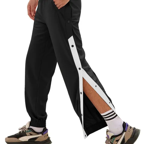 Men's Snap Button Sports Pants Basketball Training Side Stripe Loose Joggers Elastic Cuffs Casual Sweatpants Full Open
