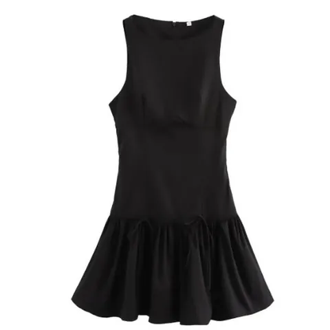 Women Sleeveless Mini Dress Round Neck Elegant Ruffle Hem Drawstring Bow Pleated High Waist A Line Polyester Party