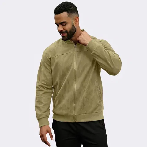 Men Faux Suede Bomber Jacket Stand Collar Zipper Casual Ribbed Trim Solid Color Outerwear