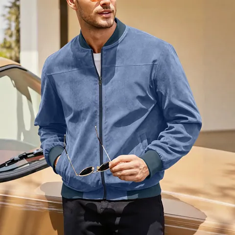 Men Faux Suede Bomber Jacket Stand Collar Zipper Casual Ribbed Trim Solid Color Outerwear
