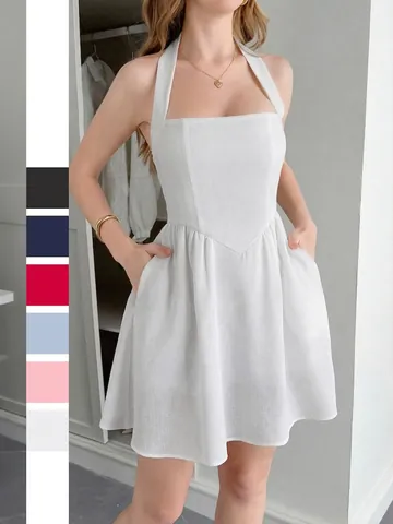 Abito Mini Halter Poliestere Schiena Scoperta Vita Alta Linea A Senza Maniche Estate Moda Elegante Donna
