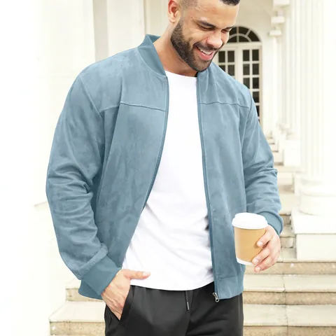 Men Suede Bomber Jacket Full Zip Stand Collar Ribbed Trim Casual Solid Color Outerwear Fashion Coat