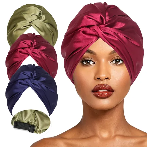 Gorro de Dormir de Satén de Doble Capa Ajustable para Mujer Gorro de Seda para Cuidado del Cabello Turbante Cruzado