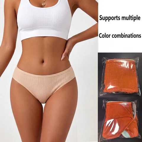 Women Briefs Ribbed Cotton Breathable Low Rise Solid Color Comfy Lingerie Panties Underwear