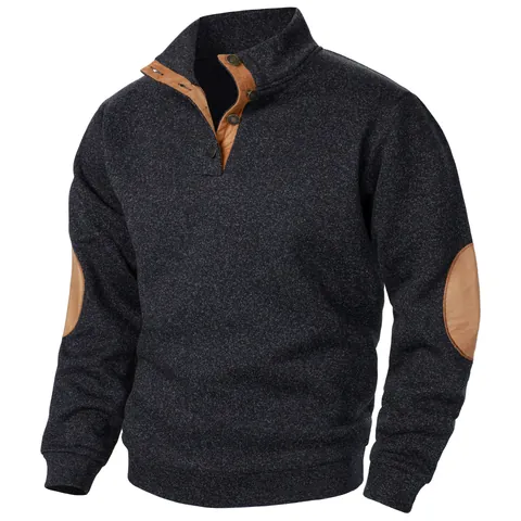 Men's Casual Heather Knit Sweater Stand Collar Button Pullover With Elbow Patches Marl Knitted Long Sleeve Top For Men
