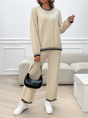 Women Knit Contrast Stripe Round Neck Sweater And Wide Leg Pants Casual Loungewear Chic Tracksuit