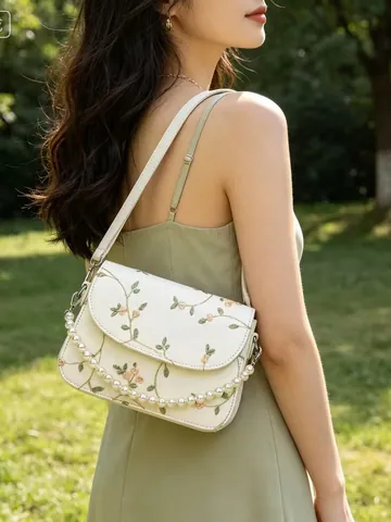 Borsa a Tracolla Ricamata a Fiori Con Catena di Künstliche Perle Donna Pelle PU Elegante Borsa a Spalla Floreale Per Festa Quotidiana