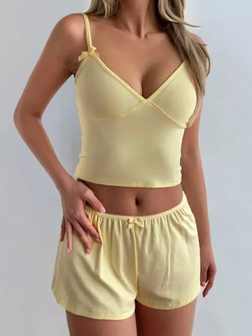 Damen Loungewear Camisole V Ausschnitt Tank Top Und Shorts Viskose Elasthan Schlafanzug Schleifen Dekor Einfarbig Sommer