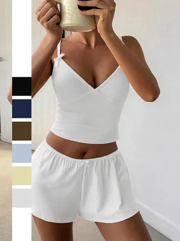Damen Loungewear Camisole V Ausschnitt Tank Top Und Shorts Viskose Elasthan Schlafanzug Schleifen Dekor Einfarbig Sommer