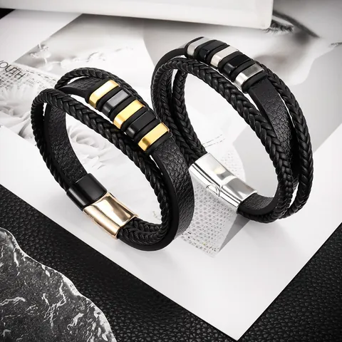 Men Multilayer Braided PU Leather Bracelet Alloy Magnetic Buckle Hand Woven Trendy Vintage Style Jewelry