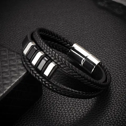Men Multilayer Braided PU Leather Bracelet Alloy Magnetic Buckle Hand Woven Trendy Vintage Style Jewelry