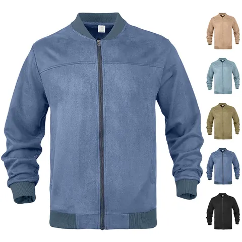 Men Faux Suede Bomber Jacket Solid Color Zip Up Ribbed Collar Cuffs Long Sleeve Casual Vintage Outerwear Coat For Him