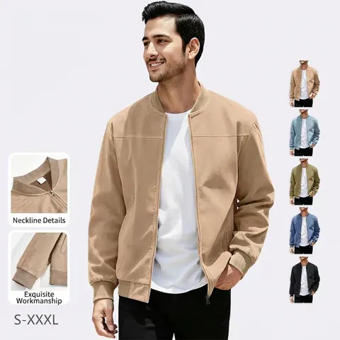 Men Faux Suede Bomber Jacket Stand Collar Zipper Casual Vintage Solid Color Long Sleeve Outwear Coat