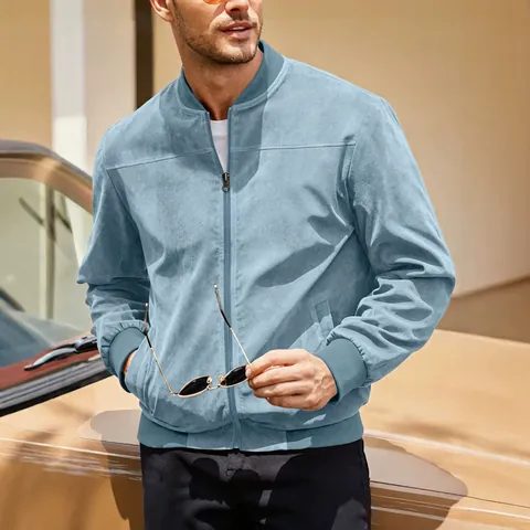 Men Faux Suede Bomber Jacket Stand Collar Zipper Casual Vintage Solid Color Long Sleeve Outwear Coat