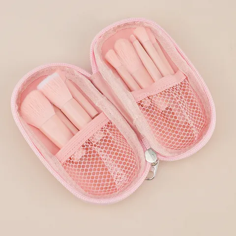 Portable Makeup Brushes With Storage Bag Pink Synthetic Fiber Soft Bristles Transparent Frosted Handle Travel Beauty Tools
