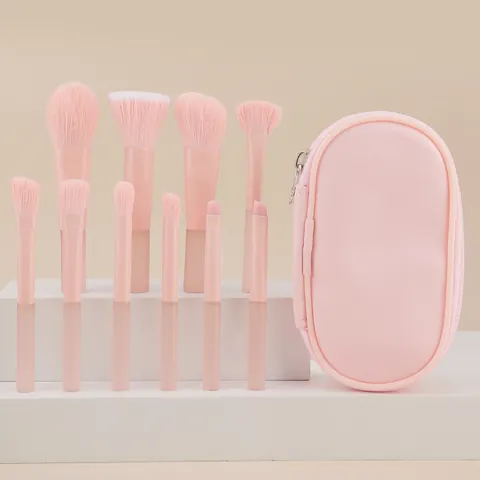 Portable Makeup Brushes With Storage Bag Pink Synthetic Fiber Soft Bristles Transparent Frosted Handle Travel Beauty Tools