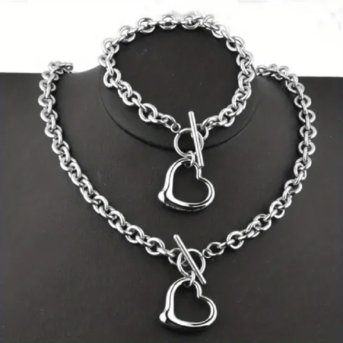 Stainless Steel Hollow Heart Pendant Necklace Bracelet Rolo Chain Jewelry With Toggle Clasp Polished Minimalist Women