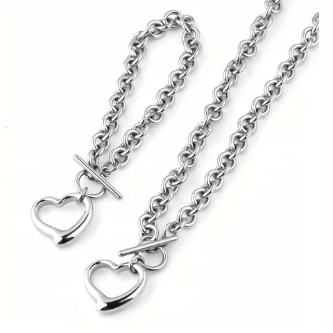Stainless Steel Hollow Heart Pendant Necklace Bracelet Rolo Chain Jewelry With Toggle Clasp Polished Minimalist Women