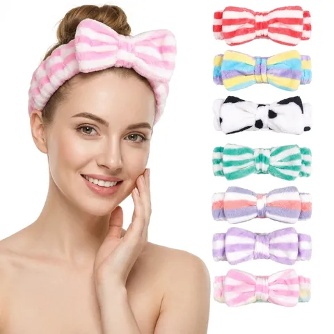 Plush Facial Headband Coral Fleece Elastic Bowknot Hair Band For Face Washing SPA Makeup Leopard Polka Dot Patterns