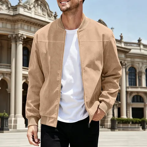 Men Faux Suede Bomber Jacket Solid Color Zip Up Ribbed Collar Cuffs Long Sleeve Casual Vintage Outerwear Coat For Him