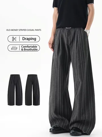 Heren Vintage Gestreepte Broek Met Wijde Pijpen Casual Krijtstreep Geplooide Broek Met Riem Losvallende Rechte Broek