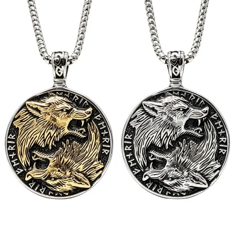 Vintage Titanium Steel Nordic Viking Wolf Head Pendant Necklace For Men Retro Rune Embossed Round Medallion Jewelry Gift